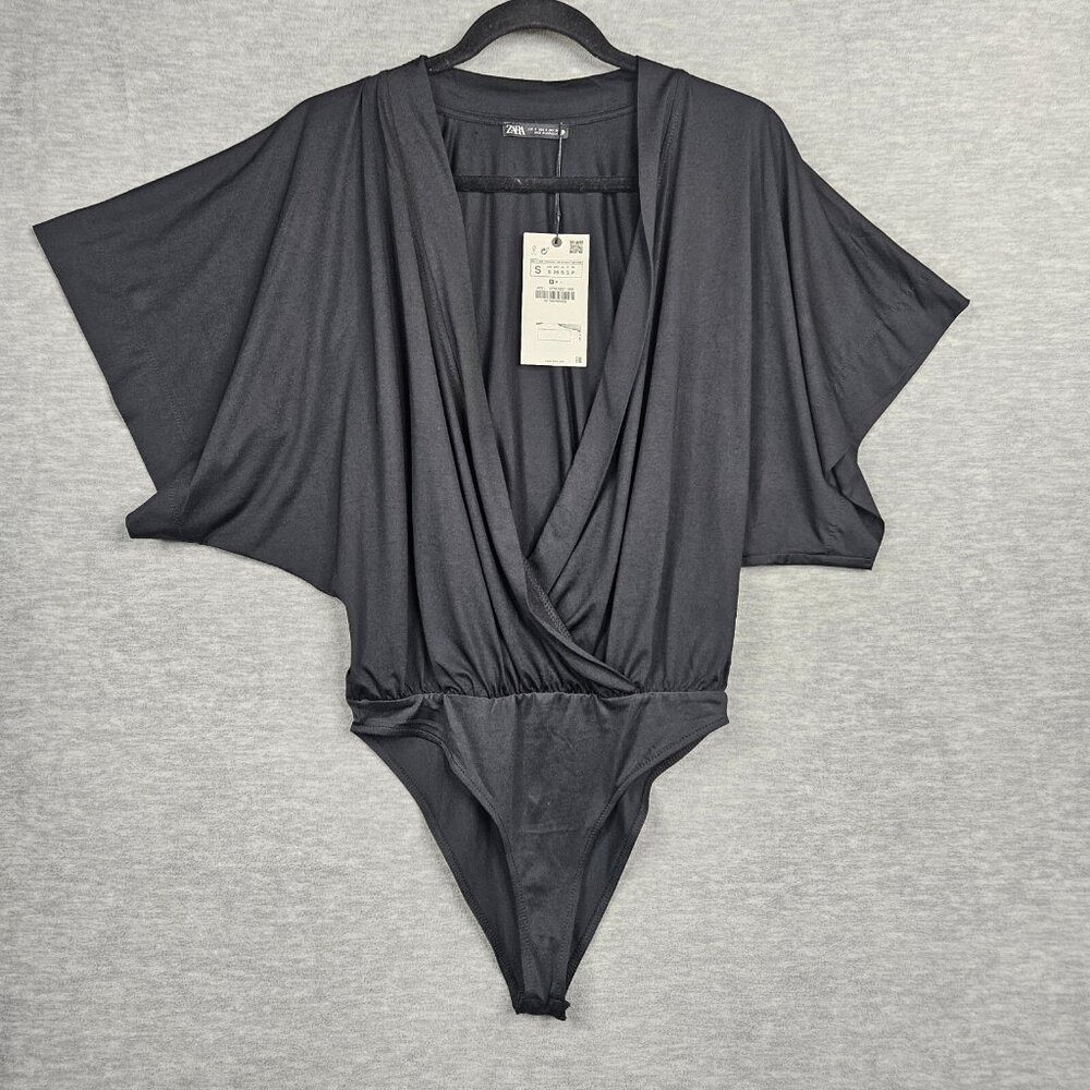 ZARA Black Deep V-neck Short Sleeve Bodysuit Size S NEW